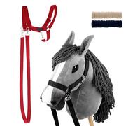 SKIPPI Set Hobby Horse Gris con Cabestro Rojo, A3 Gran Caballo de Palo y Hobby Horse Accesorios, 2 Cabestros, 2 Riendas, 2 Protectores de Forro Polar