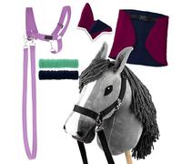 SKIPPI Set Hobby Horse Gris, Manta y Orejeras - Fucsia y Azul Marino, 2 Cabestros y Riendas, A3 Gran Caballo de Palo y Hobby Horse Accesorios para Hobby Horsing