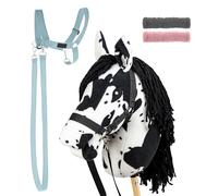SKIPPI Set Hobby Horse Pío Negro con Cabestro Azul Claro, A3 Gran Caballo de Palo y Hobby Horse Accesorios, 2 Cabestros, 2 Riendas, 2 Protectores de Forro Polar