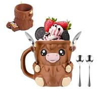 SKIPTHYBER Highland Cow - Soporte para helados con impresión 3D, tazas de helado de 16 onzas con anticongelante, 2 cucharas y asa, regalos para amantes de las vacas de las tierras altas, para el hogar
