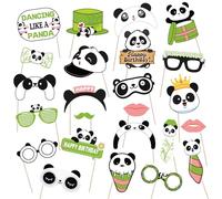 SKIRUP Accesorios para fotomatón de panda, 24 piezas con palos, accesorios para selfies con temática de panda, suministros de fiesta de cumpleaños, decoraciones de fondo de fotografía