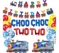 SKIRUP Choo Choo Dos decoraciones de fiesta para niños de 2 años, suministros de fiesta de cumpleaños temática de globos de tren, pancarta de tren de feliz cumpleaños, globos de látex de nube, globos