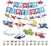 Skirup Decoración de fiesta temática de aviador, pancarta y guirnalda de feliz cumpleaños, adornos para cupcakes, aviones colgantes, globos de aluminio para fiesta de arriba y fuera, fiesta de