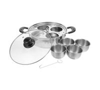 SKISUNO Olla Vaporera de Huevos de Acero Inoxidable con 4 Tazas Antiadherentes y Tapa, Bandeja Versátil para Cocinar al Vapor en Cocinas Pequeñas y Domésticas