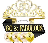 SKJIAYEE Kit de tiara y fajas para 80 cumpleaños, color negro "80 & FABULOUS" y diamantes de imitación de oro para mujer, suministros de decoración de fiesta de 80 cumpleaños