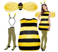 SKJJL Disfraz de abeja para adulto, disfraz de abeja para mujer, disfraz de abeja maya para adulto, disfraz de abeja con túnica, cubrepiernas a rayas, alas, diadema para disfraz de carnaval cosplay