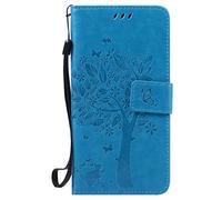 SKKMALL Sólido color de la suerte del árbol y de la cubierta de cuero del gato superior de la PU con el estampado del gato y del árbol de la carpeta del soporte del patrón Cubierta de silicona suave de la caja para Samsung J5 (2016) ( Color : Blue , Size : Samsung J5(2016) )