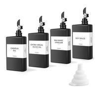 Skleptix Paquete de 4 dispensadores cuadrados de aceite de vidrio, botella de aceite de oliva de cocina negra con vertedor automático en forma de ciruela, juego de dispensador de aceite y vinagre con