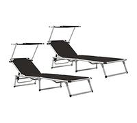 SKM Tumbonas Plegables con toldo 2 uds Aluminio y textilene Negro,Mobiliario,Muebles de jardín,Asientos de Exterior,Tumbonas,Negro,11.3 kg,312458