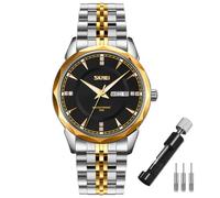 SKMEI Reloj de pulsera para hombre, de acero inoxidable, a la moda, impermeable, de lujo, analógico, sencillo, para el día de los padres, regalos para padres, color plateado y dorado, Correa dorada y