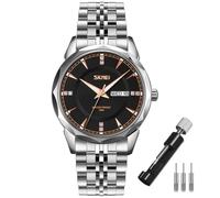 SKMEI Reloj de pulsera para hombre, de acero inoxidable, a la moda, impermeable, de lujo, analógico, sencillo, para el día de los padres, regalos para padres, color plateado y dorado, Correa plateada