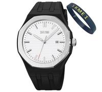 SKMEI Reloj de pulsera para hombre, de silicona, fácil de leer, impermeable, deportivo, casual, analógico, de cuarzo, luminoso, regalo para padres, color negro, G9299 negro y blanco, moda