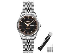 SKMEI Reloj de pulsera para mujer, de negocios, clásico, de acero inoxidable, analógico, impermeable, simple, para el día, fecha, mujer, esposa, regalos de plata y oro, Correa plateada con esfera