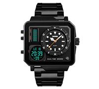 SKMEI Reloj deportivo digital para hombre, LED, cuadrado, esfera grande, analógico, de cuarzo, con cronómetro impermeable multizona horaria, Negro (Steel Black), 2*1.89*0.55 inch, Classic