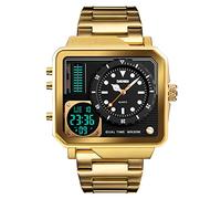 SKMEI Reloj deportivo digital para hombre, LED, cuadrado, esfera grande, analógico, de cuarzo, con cronómetro impermeable multizona horaria, dorado, (Steel Gold), 2*1.89*0.55 inch, Classic