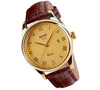 SKMEI Reloj para hombre, vestido de negocios, clásico, casual, de cuero, negro, analógico, impermeable, calendario, fecha, luz, relojes de pulsera simples, regalos para papá, Correa marrón + caja