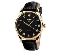 SKMEI Relojes de Pulsera de Cuarzo para Hombre de Negocios, números Romanos, Correa de Cuero, Casual, Resistente al Agua, Relojes analógicos, Negro+Oro, Negocios