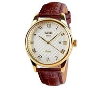 SKMEI Relojes de pulsera para hombre de negocios, de cuarzo, con números romanos, correa de cuero, resistente al agua, analógico, casual