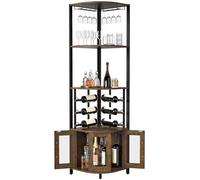 Skokliz Gabinete de barra esquinera con soporte de vidrio, gabinete de vino de licor de 4 niveles con puertas de malla de metal, gabinete de buffet con kit antivuelco para el hogar, cafetería, licor y