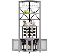 Skokliz Gabinete de barra esquinera con soporte de vidrio, gabinete de vino de licor de 4 niveles con puertas de malla de metal, gabinete de buffet con kit antivuelco para el hogar, cafetería, licor y