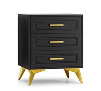 Skokliz Mesita de Noche con 3 cajones Negra 50x40x61 cm - Patas de Metal Dorado, diseño Moderno, Mesa Auxiliar de Madera para Dormitorio, salón o Espacios pequeños