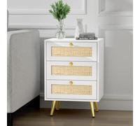 Skokliz Mesita de Noche de Madera,Cajonera,Gabinete de Noche, Mesilla de Noche,mesita auxiliarescon 3 cajones Decorados de ratán, a Mano, Mesa Auxiliar,para Dormitorio, Salón