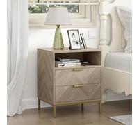 Skokliz Mesitas de Noche Dormitorio, mesitas de Noche con 2 cajones, Moderno mesita de Noche de Madera con Patas Doradas, Mesa Auxiliar Sala de Estar, Color Roble