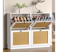 Skokliz Mueble Zapatero de ratán con 4 Solapas Abatibles y Estantes Ajustables para 16-24 Pares de Zapatos para Pasillo Entrada 120x24x81 cm, Blanco