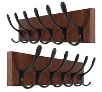 SKOLOO Perchero de pared - Gancho de pared de madera marrón, paquete de 2, Perchero de pared con 6 ganchos para colgar abrigos, sombreros, ropa, bufandas, marrón y negro