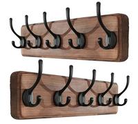 SKOLOO Perchero rústico de pared, de 44 cm de largo, paquete de 2, fabricado en pino macizo, 5 ganchos para colgar ropa, albornoces, toallas, abrigos, mochilas, marrón