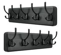 SKOLOO Perchero rústico de pared, de 44 cm de largo, paquete de 2, fabricado en pino macizo, 5 ganchos para colgar ropa, albornoces, toallas, abrigos, mochilas,negro