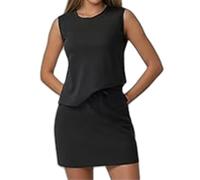 Skort Sets Women 2 Piece Outfits, Summer Drawstring Tennis Skirt Set Crew Neck Sleeveless Top Casual Tracksuits (Black,L)