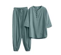 SkotO Traje de lino para hombre de talla grande - Conjunto de traje deportivo de manga corta, camisa de lino y pantalones de lino ligeros, holgados, cómodos, informales, de gran tamaño, monocolor,