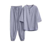 SkotO Traje de lino para hombre de talla grande - Conjunto de traje deportivo de manga corta, camisa de lino y pantalones de lino ligeros, holgados, cómodos, informales, de gran tamaño, monocolor,