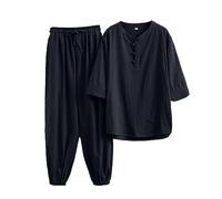 SkotO Traje de lino para hombre de talla grande - Conjunto de traje deportivo de manga corta, camisa de lino y pantalones de lino ligeros, holgados, cómodos, informales, de gran tamaño, monocolor,