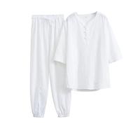 SkotO Traje de lino para hombre de talla grande - Conjunto de traje deportivo de manga corta, camisa de lino y pantalones de lino ligeros, holgados, cómodos, informales, de gran tamaño, monocolor,