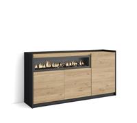 Skraut Home | Aparadores para salón | Gran Capacidad de almacenaje | 156x80x37 cm | 3 Puertas | Chimenea eléctrica | Estilo Moderno | Roble y Negro