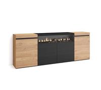 Skraut Home | Aparadores para salón | Gran Capacidad de almacenaje | 200x75x35cm | 4 Puertas | Chimenea eléctrica | Estilo Moderno | Roble y Negro