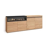 Skraut Home | Aparadores para salón | Gran Capacidad de almacenaje | 200x75x35cm | 4 Puertas | Chimenea eléctrica | Estilo Moderno | Roble y Negro
