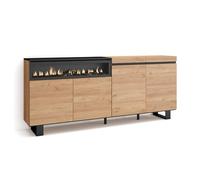 Skraut Home | Aparadores para salón | Gran Capacidad de almacenaje | 200x87x35cm | 4 Puertas | Chimenea eléctrica | Diseño Industrial | Estilo Moderno | Roble y Negro