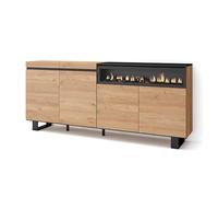 Skraut Home | Aparadores para salón | Gran Capacidad de almacenaje | 200x87x35cm | 4 Puertas | Chimenea eléctrica | Diseño Industrial | Estilo Moderno | Roble y Negro