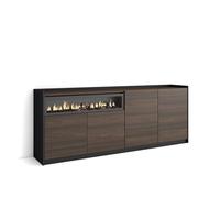 Skraut Home | Aparadores para salón | Gran Capacidad de almacenaje | 207x80x37 cm | 4 Puertas | Chimenea eléctrica | Estilo Moderno | Roble Oscuro y Negro