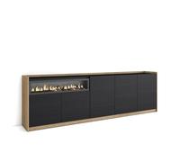 Skraut Home | Aparadores para salón | Gran Capacidad de almacenaje | 260x80x37 cm | 5 Puertas | Chimenea eléctrica | Estilo Moderno | Negro y Roble