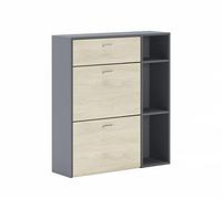 Skraut Home | Armario Zapatero | 102 x 90 x 26 cm | Capacidad para 12 Pares de Zapatos | 2 Puertas Basculantes + 1 Cajón | Modelo Wind | Acabado Gris/Roble