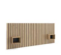 Skraut Home | Cabecero con mesitas | Listones Decorativos | 258x107x3 cm | Cama de 150,160,180 cm | con Almacenamiento | Estilo Moderno | Roble