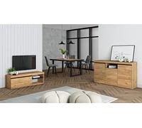Skraut Home - Conjunto Muebles Salon | Mesa 140 Canto Negro Patas U 6 comensales | Mueble TV 120 | Aparador/Buffet 140 | Roble y Negro | Estilo Industrial