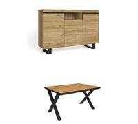 Skraut Home - Conjunto Muebles Salon | Mesa 140 Canto Negro Patas X 6 comensales | Aparador/Buffet 140 Tall | Roble y Negro | Estilo Industrial
