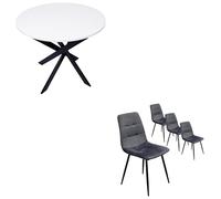 Skraut Home - Conjunto Salón, Pack de 4 Sillas de Comedor | Silla Tapizada, Sillas, Mesa Fija Redonda | Blanco Mate | Patas Negro