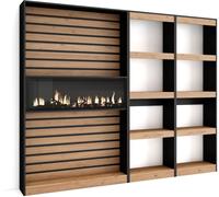 Skraut home Librería efecto madera roble negro 230x25x186cm chimenea efecto fuego