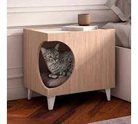 Skraut Home | Mesita Mascotas Ellie | Color Roble/Blanco | Orificio Entrada Lateral | 1 Puerta | Mesa Auxiliar | Casa para Gatos y Perros | Mesita de Noche | para Salón y Baño | 46,8 x 37 x 40 cm